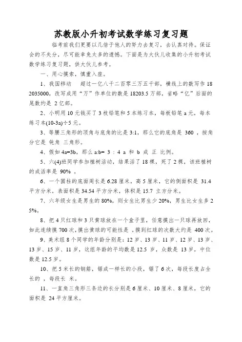 苏教版小升初考试数学练习复习题