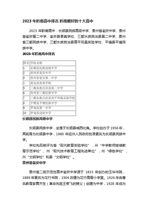 2023年黔南高中排名黔南最好的十大高中