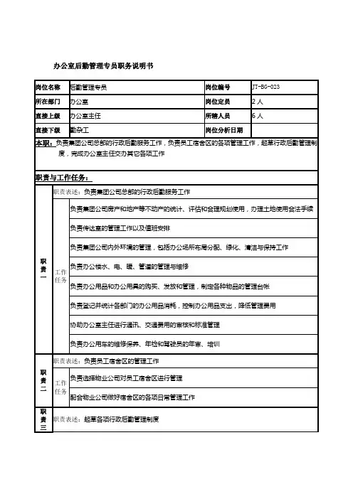 办公室后勤管理专员岗位说明书