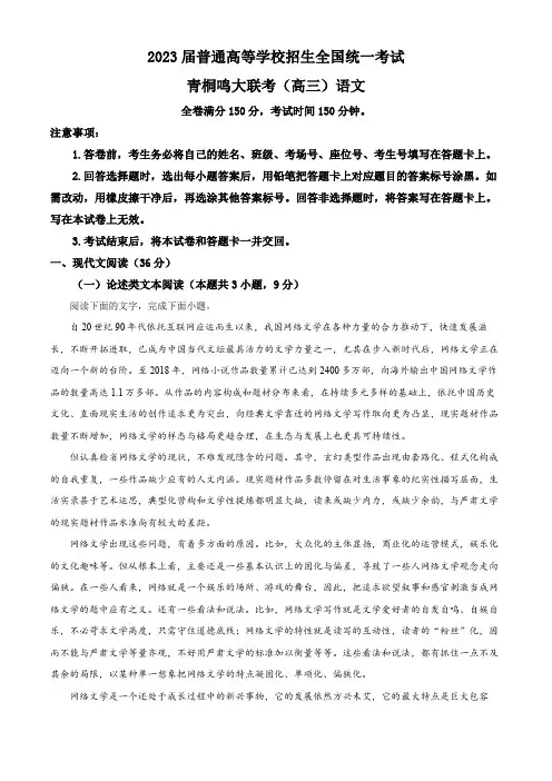 河南省青桐鸣大联考2022-2023学年高三5月联考语文试题2