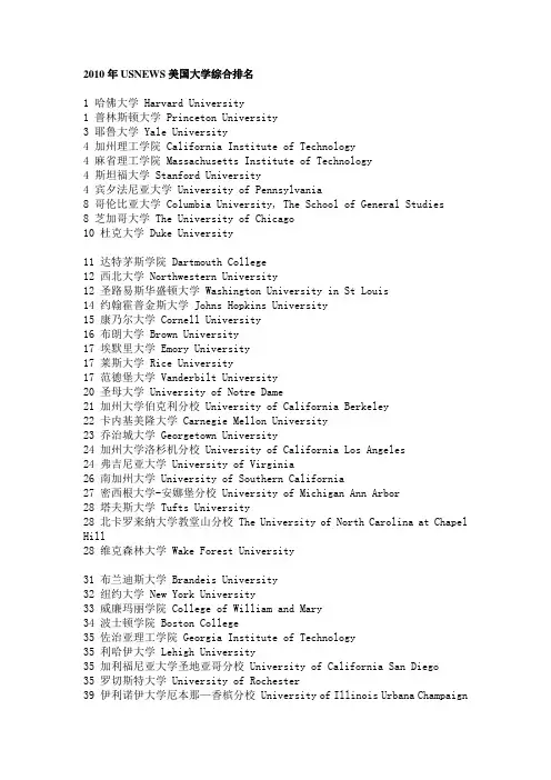 2010年USNEWS美国大学综合排名