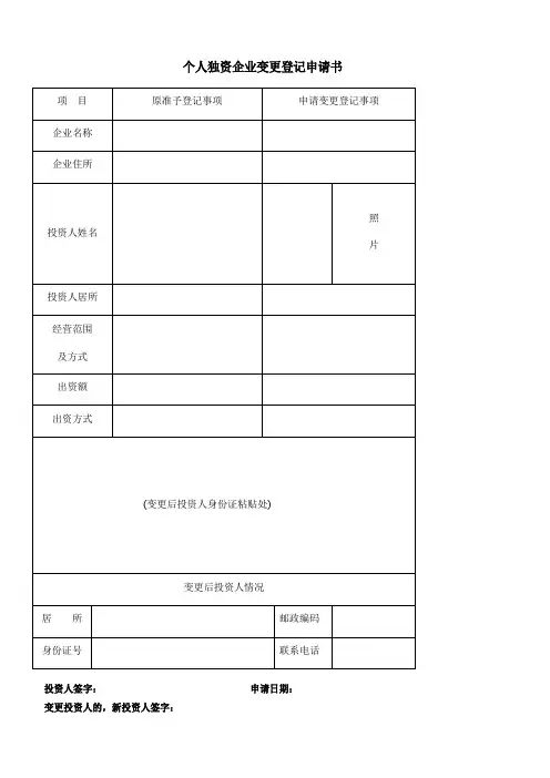 个人独资企业变更登记申请书