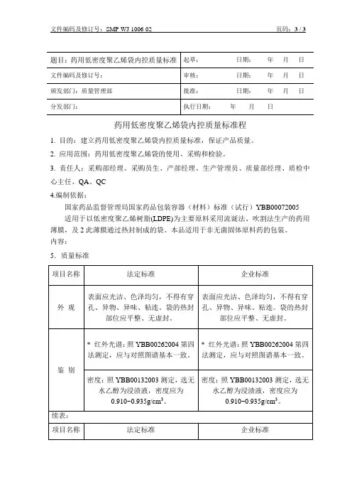 药用低密度聚乙烯袋内控质量标准