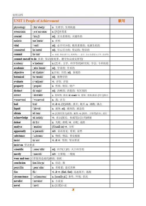 2019人教版高中英语选择性必修一UNIT-1-People-of-Achievement-单词表