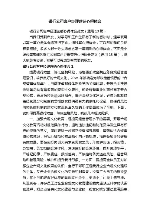 银行公司客户经理营销心得体会范文（通用13篇）