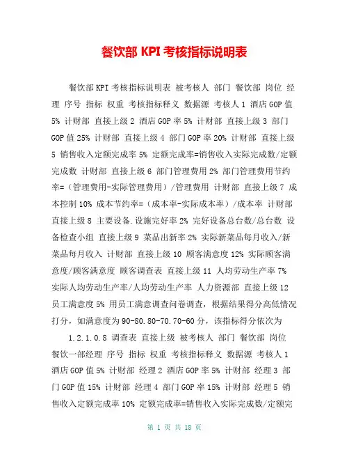 餐饮部KPI考核指标说明表