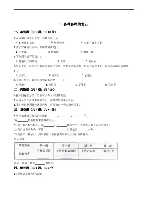 教科版小学科学四年级下册 第四单元岩石和矿物 1 各种各样的岩石 同步练习(含答案解析)