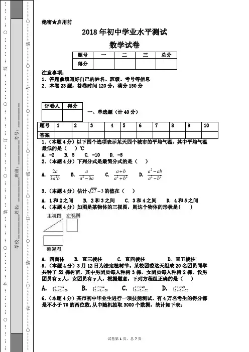 2018年初中学业水平测试数学试卷