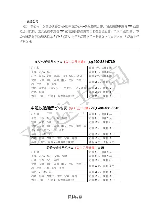快递公司运费价格表格模板
