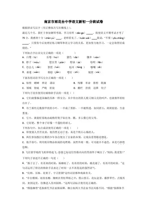南京市雨花台中学语文新初一分班试卷