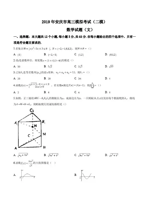 精品解析：【市级联考】安徽省安庆市2019届高三模拟考试(二模)数学文试题(原卷版)