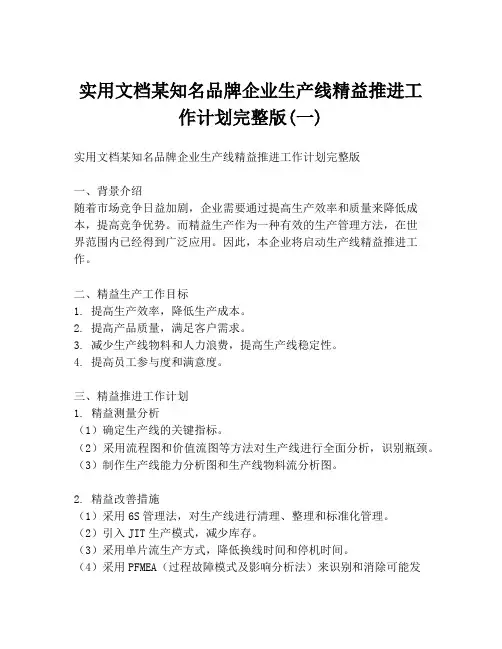 实用文档某知名品牌企业生产线精益推进工作计划完整版(一)