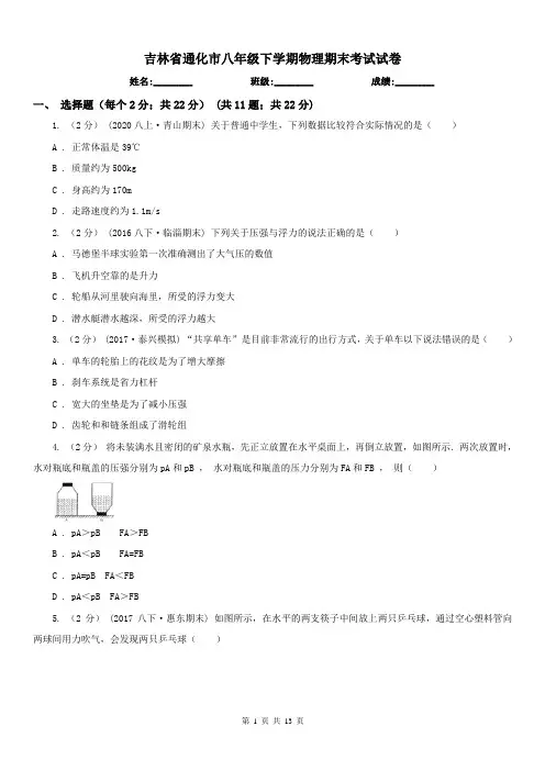 吉林省通化市八年级下学期物理期末考试试卷