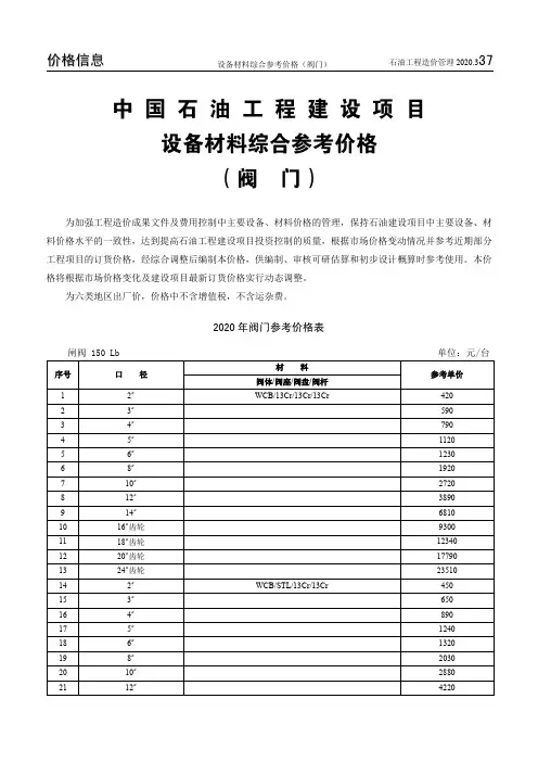 中石油工程建设项目设备材料综合参考价格-阀门202003_price