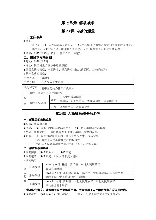 八上历史第七、第八单元知识点