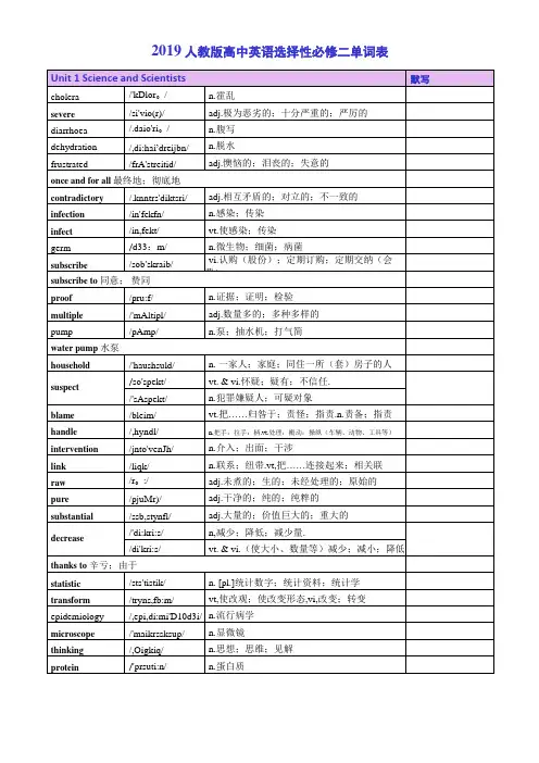 2019人教版高中英语选择性必修二单词表