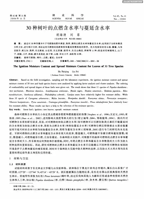 30种树叶的点燃含水率与蔓延含水率