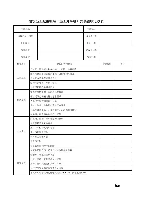 建筑施工起重机械(施工升降机)安装验收记录表