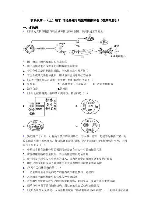 浙科版高一(上)期末 非选择题专项生物模拟试卷(答案带解析)
