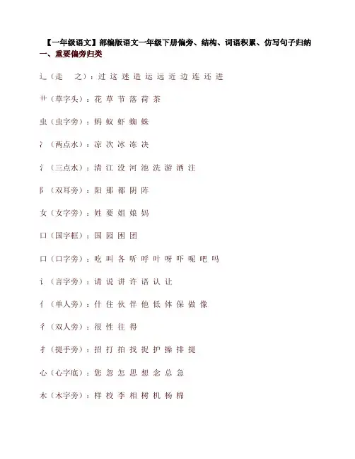 2019-2020学年统编版一年级语文下册偏旁、结构、词语积累、仿写句子归纳
