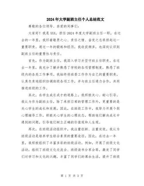 2024年大学副班主任个人总结范文