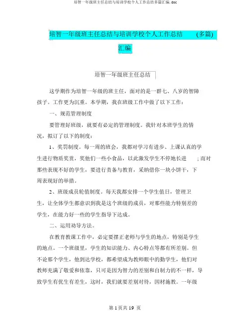 培智一年级班主任总结与培训学校个人工作总结多篇汇编.doc
