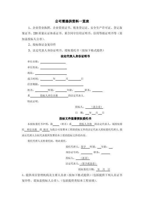 公司需提供资料一览表