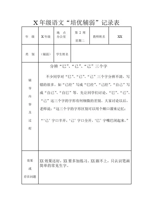 各年级语文培优补弱记录表(模版)通用