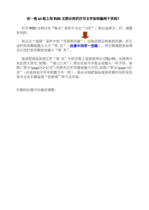 在一张A4纸上用WORD文档分两栏打印文字如何编两个页码