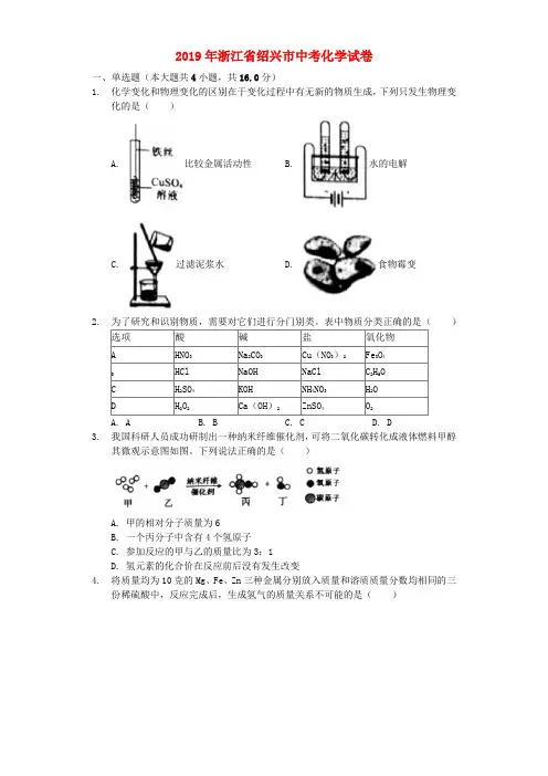 浙江省绍兴市2019年中考化学真题试题