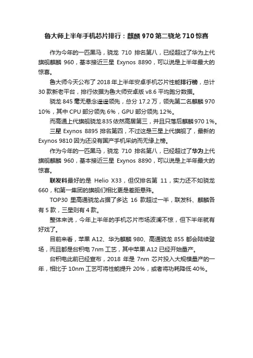 鲁大师上半年手机芯片排行：麒麟970第二骁龙710惊喜