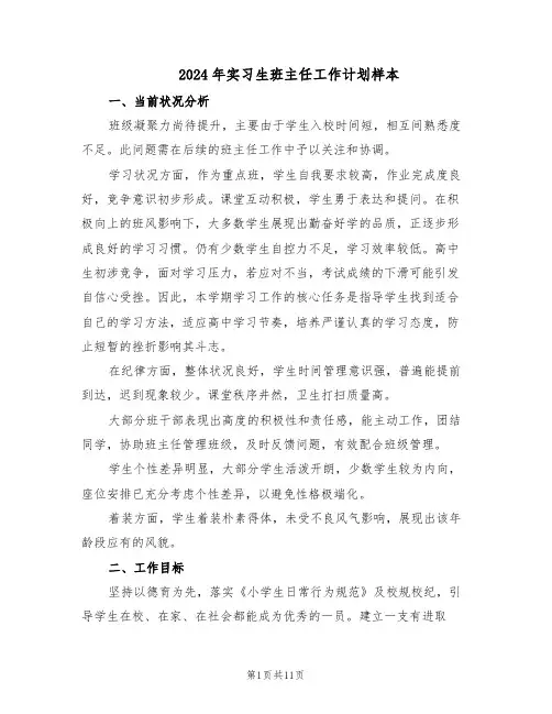 2024年实习生班主任工作计划样本（五篇）