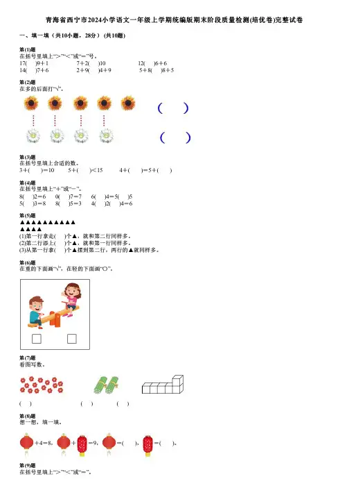 青海省西宁市2024小学数学一年级上学期统编版期末阶段质量检测(培优卷)完整试卷