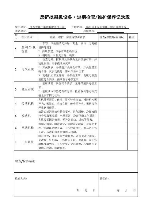 32反铲挖掘机设备、维护保养记录表