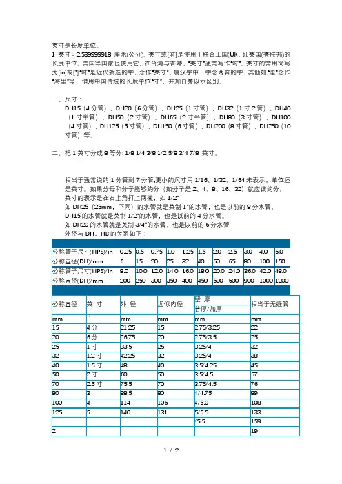 公称管子尺寸和公称直径对照表