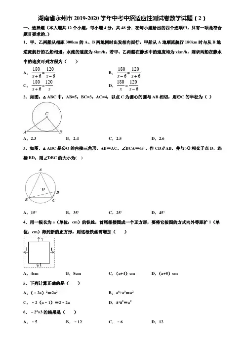湖南省永州市2019-2020学年中考中招适应性测试卷数学试题(2)含解析