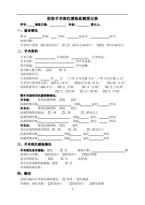 2024年版医院手术部位感染监测登记表