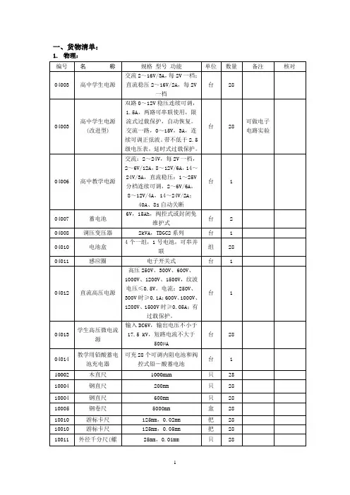 高中物理实验室器材列表