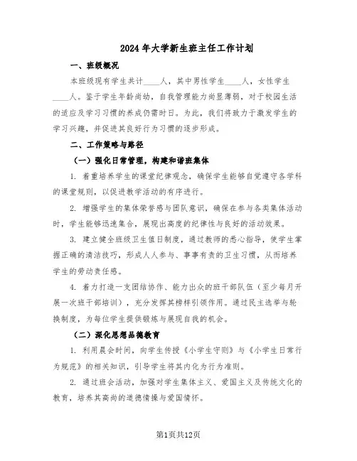 2024年大学新生班主任工作计划(六篇)