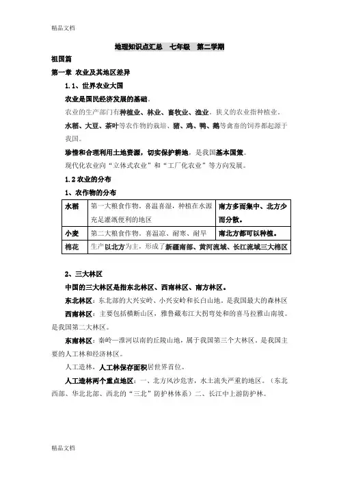最新上海初中地理会考知识点汇总--七年级--第二学期