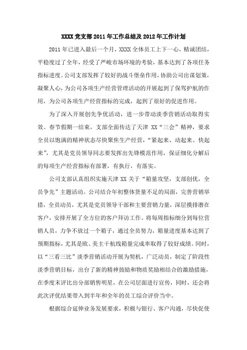 XX党支部2011年工作总结及2012年工作计划