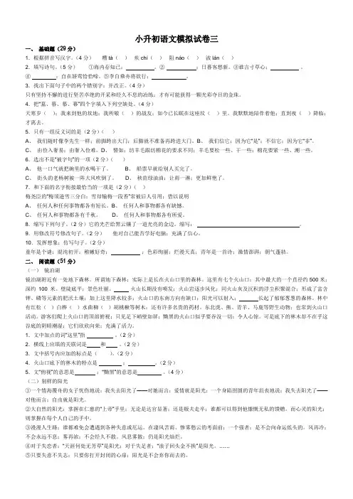 2021年六年级毕业班升初语文模拟试卷三