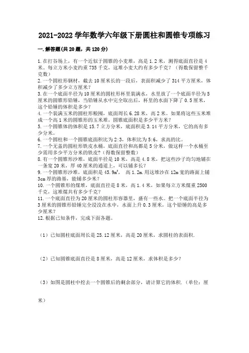2021-2022学年数学六年级下册圆柱和圆锥专项练习附答案【模拟题】