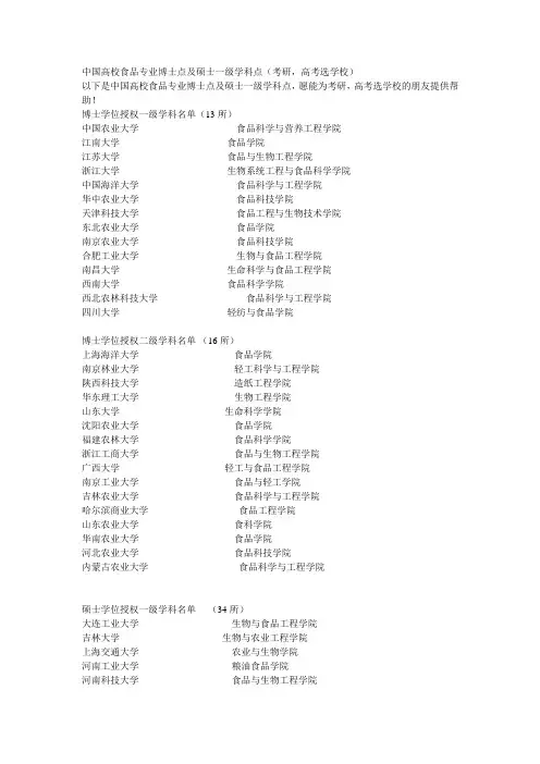 中国高校食品专业博士点及硕士一级学科点