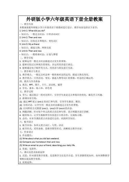 外研版小学六年级英语下册全册教案
