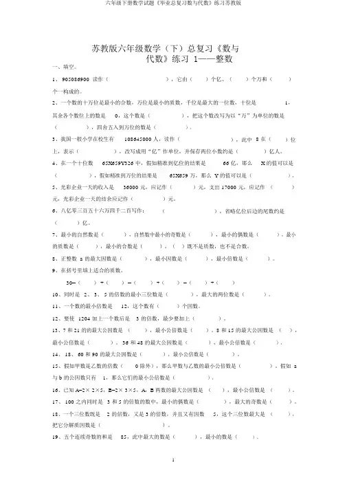 六年级下册数学试题《毕业总复习数与代数》练习苏教版