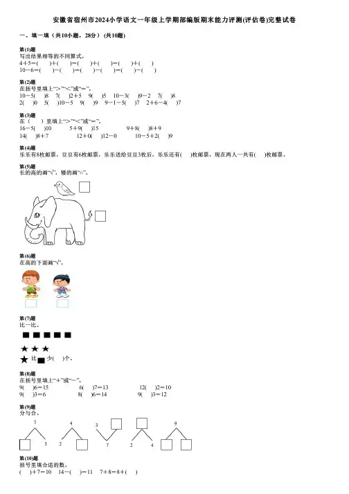 安徽省宿州市2024小学数学一年级上学期部编版期末能力评测(评估卷)完整试卷