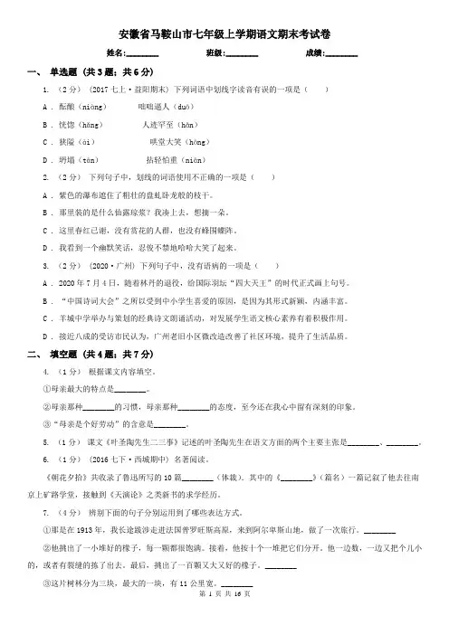 安徽省马鞍山市七年级上学期语文期末考试卷