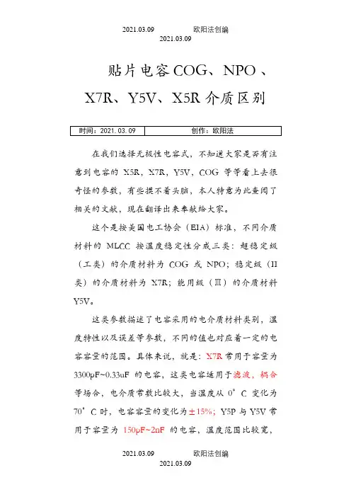 贴片电容COG、NPO、X7R、Y5V、X5R介质区别-cog与x7r之欧阳法创编