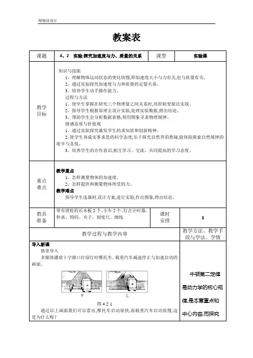 高中物理人教版必修1 4.2 实验：探究加速度与力、质量的关系 教案2 Word版含解析